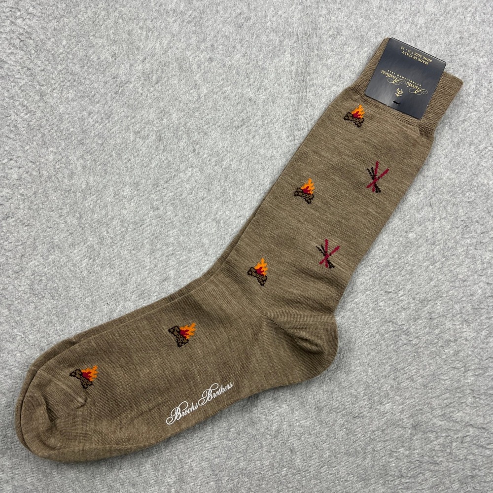NEW Brooks Brothers Socks Mens OS Brown Wool Knit Campfire Embroidered Italy